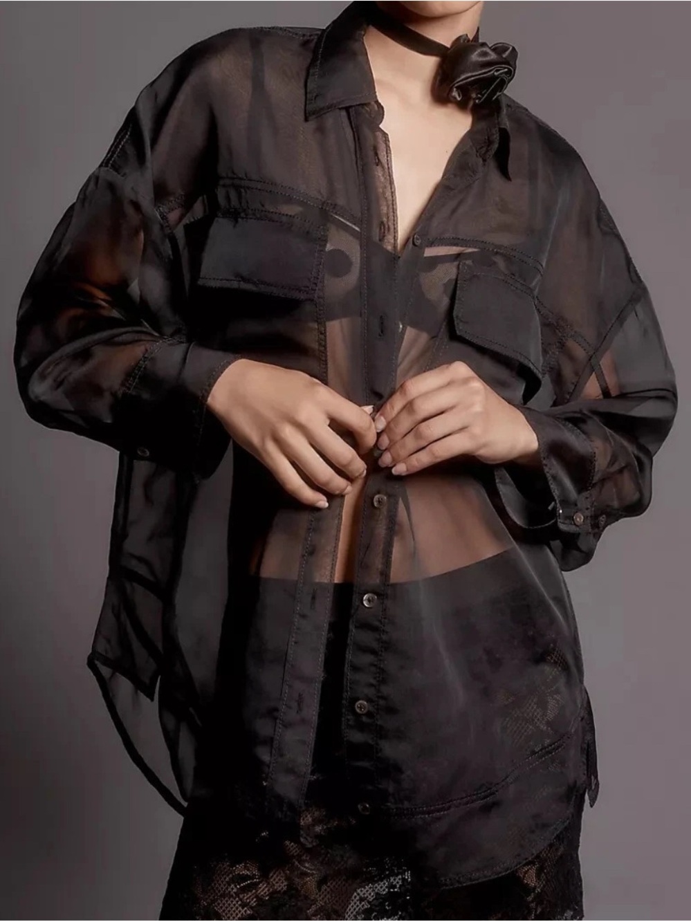 Anthropologie Pilcro Black Sheer Button Down Shirt Oversized Size SP NWOT!